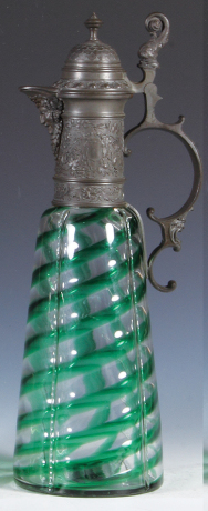 Glass pitcher, 13.7" ht., blown, clear with green glass swirl pewter lid, mint. 