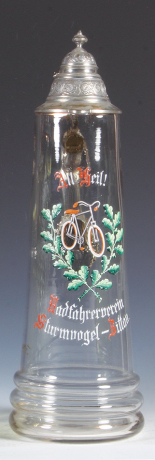 Glass pitcher, 15.7'' ht., blown, transfer & hand-painted, All Heil!, bicycle, Radfahrerverein Sturmvogel-Bittau, pewter mint.