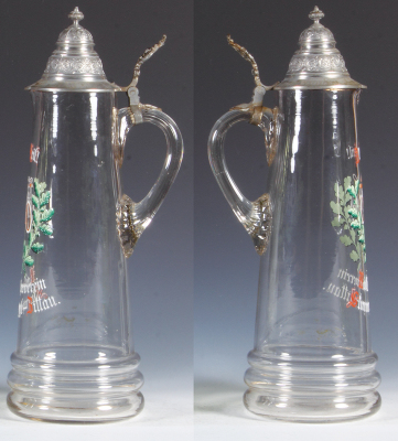 Glass pitcher, 15.7'' ht., blown, transfer & hand-painted, All Heil!, bicycle, Radfahrerverein Sturmvogel-Bittau, pewter mint. - 2