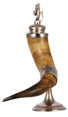 Drinking horn, 14.7" ht., approximately 20.0" l., silver-plated, early 1900s, set-on lid, figural finial of man with horn, excellent condition.