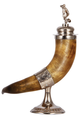 Drinking horn, 14.7" ht., approximately 20.0" l., silver-plated, early 1900s, set-on lid, figural finial of man with horn, excellent condition. - 2