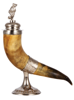 Drinking horn, 14.7" ht., approximately 20.0" l., silver-plated, early 1900s, set-on lid, figural finial of man with horn, excellent condition. - 3