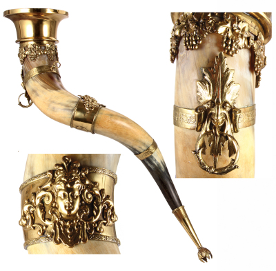 Hanging Drinking horn, approximately 37.0" long, early 1900s, elaborate brass castings & fittings, no lid, excellent condition. - 2