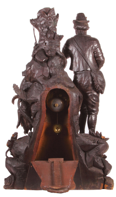 Black Forest Hunter clock, 29.6" x 18.3" x 10.5" deep, carved in southern Germany, detailed scene of Jäger, chamois and faithful dog, clock movement with enameled face appears to be French, Jäger missing one finger and hat brim, one chamois leg missing, o - 4