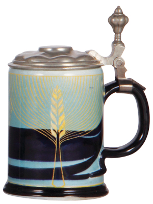 Mettlach stein, .5L, 2571, transfer & hand-painted, Art Nouveau, excellent repair to pewter strap & handle. - 2