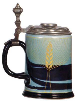 Mettlach stein, .5L, 2571, transfer & hand-painted, Art Nouveau, excellent repair to pewter strap & handle. - 3