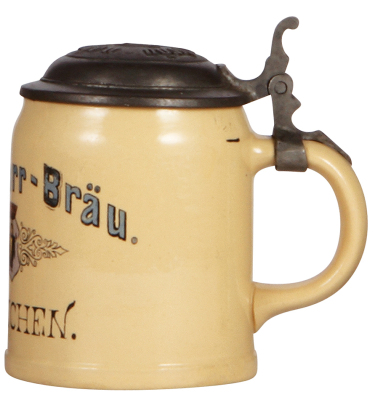 Mettlach stein, .5L, 1526, print-over-glaze, Pschorr-Bräu, München, matching relief pewter lid, interior glaze browning, otherwise mint. - 2