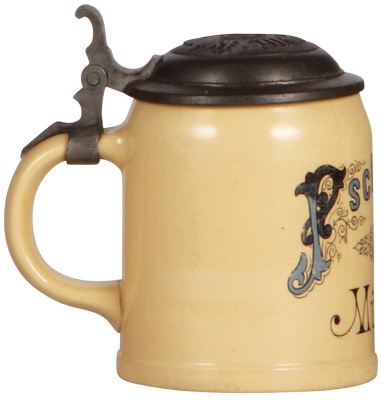 Mettlach stein, .5L, 1526, print-over-glaze, Pschorr-Bräu, München, matching relief pewter lid, interior glaze browning, otherwise mint. - 3