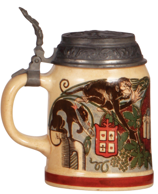 Mettlach stein, .5L, 1101 [1526], PUG, pewter lid, browning, otherwise mint. - 3