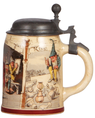 Mettlach stein, .3L, 727 [1909], PUG, by H. Schlitt, pewter lid, center hinge ring missing, uneven patina. - 2