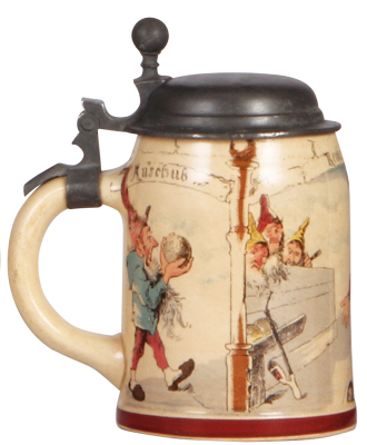 Mettlach stein, .3L, 727 [1909], PUG, by H. Schlitt, pewter lid, center hinge ring missing, uneven patina. - 3