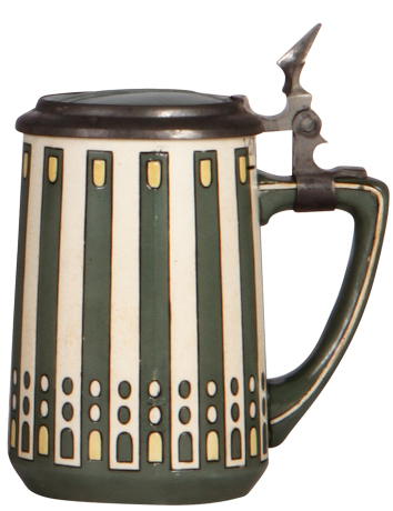 Mettlach stein, .5L, 3243, etched, Art Deco, inlaid lid, mint.