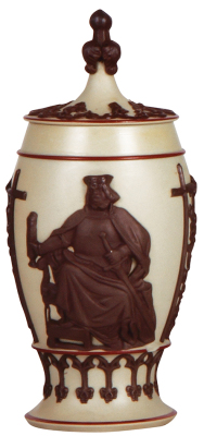 Mettlach pokal, 8.4" ht., relief, early ware, Gambrinus, set-on lid, chip.