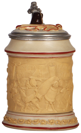 Mettlach stein, .5L, 328, relief, early ware, inlaid lid, excellent repair of hairline.