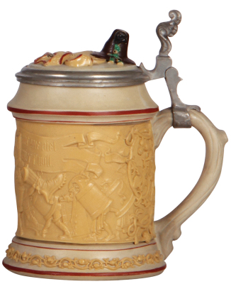 Mettlach stein, .5L, 328, relief, early ware, inlaid lid, excellent repair of hairline. - 2