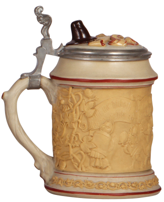 Mettlach stein, .5L, 328, relief, early ware, inlaid lid, excellent repair of hairline. - 3