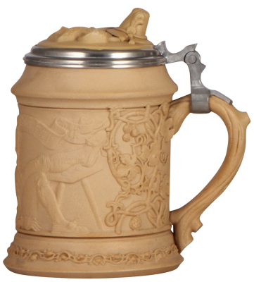 Mettlach stein, .5L, 328, relief, early ware, inlaid lid, very tiny flakes on base edge. - 2