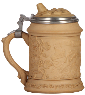 Mettlach stein, .5L, 328, relief, early ware, inlaid lid, very tiny flakes on base edge. - 3
