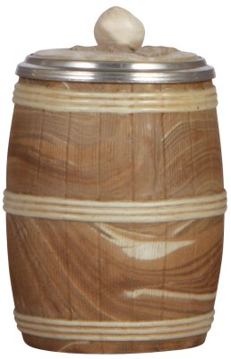 Mettlach stein, .5L, 675, relief, Character, Barrel, inlaid lid, early detailed version, mint.
