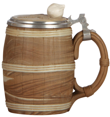 Mettlach stein, .5L, 675, relief, Character, Barrel, inlaid lid, early detailed version, mint. - 2