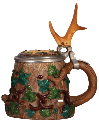 Mettlach stein, .5L, relief, early ware, inlaid lid, custom antler thumblift, small relief chips, hairline in interior base.