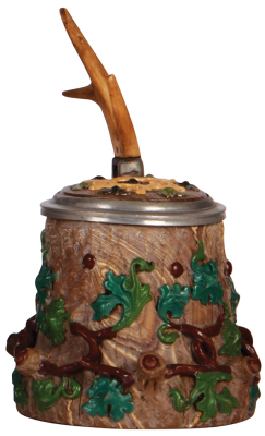 Mettlach stein, .5L, relief, early ware, inlaid lid, custom antler thumblift, small relief chips, hairline in interior base. - 2