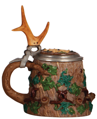 Mettlach stein, .5L, relief, early ware, inlaid lid, custom antler thumblift, small relief chips, hairline in interior base. - 3