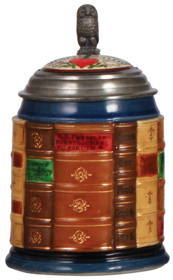 Mettlach stein, .5L, 2001H, decorated relief, Forestry Book stein, inlaid lid, mint.
