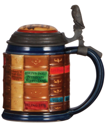 Mettlach stein, .5L, 2001A, decorated relief, Law Book Stein, inlaid lid, mint. - 2
