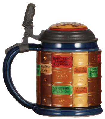 Mettlach stein, .5L, 2001A, decorated relief, Law Book Stein, inlaid lid, mint. - 3