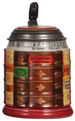 Mettlach stein, .5L, 2001, decorated relief, Cornell University Book stein, inlaid lid, very rare, excellent repair of inlay & chip on a book.  