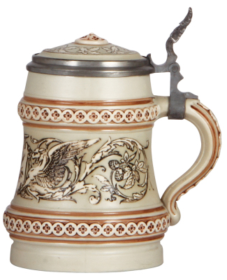 Mettlach stein, 1.0L, 1052, etched, Beer Brewer, inlaid lid, rare, mint. - 2