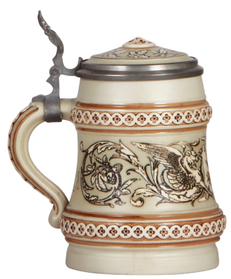 Mettlach stein, 1.0L, 1052, etched, Beer Brewer, inlaid lid, rare, mint. - 3