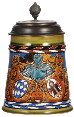 Mettlach stein, .5L, 3043, etched, München, inlaid lid, mint.