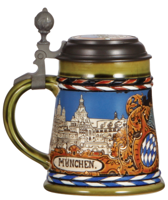 Mettlach stein, .5L, 3043, etched, München, inlaid lid, mint. - 3