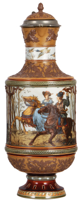 Mettlach stein, 4.5L, 18.8" ht., 1690, etched, hairline on inlay repaired.