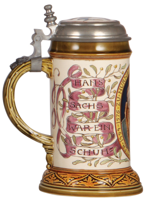Mettlach stein, .5L, 2722, etched & glazed, inlaid lid, Shoemaker Occupation, mint. - 3
