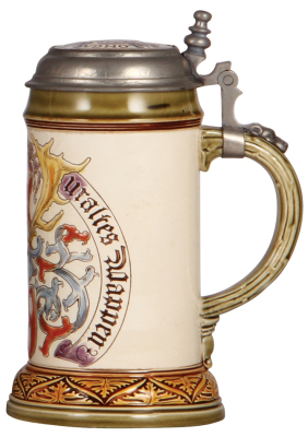 Mettlach stein, .5L, 2725, etched & glazed, inlaid lid, Artist Occupation, two small glaze flakes on bottom edge. - 2