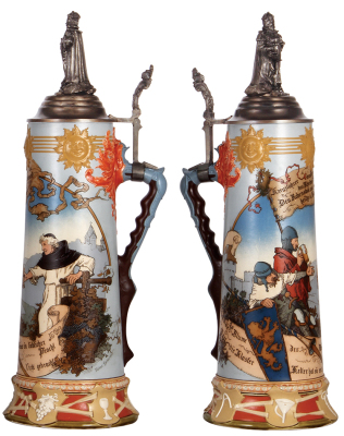 Mettlach stein, 3.8L, 22.2" ht., 2122, etched, by H. Schlitt, custom pewter lid with Gambrinus finial is modern, body has factory production flaws including long hairline in rear, interior glaze chips, no gold on exterior. - 2