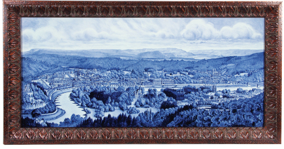 Mettlach plaque, 19.4" x 37.5" with modern frame, hand-painted, c.1890, Delft coloring, historically important view depicting the town of Mettlach, Villeroy & Boch Mosaik, Steinzeug u. Sanitärfabrik, Schloss Ziegelberg & Saareck, Church of St. Lutwin, alt