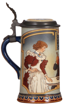 Mettlach stein, .5L, 2520, etched, by H. Schlitt, inlaid lid, mint.  - 3