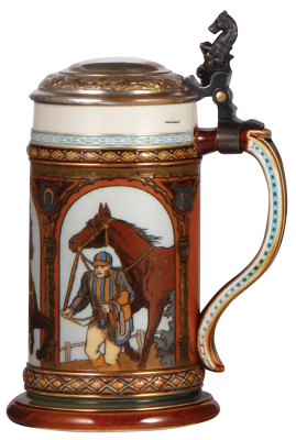 Mettlach stein, .5L, 1733, etched, by C. Warth, original metal lid, plating wear, otherwise mint. - 2