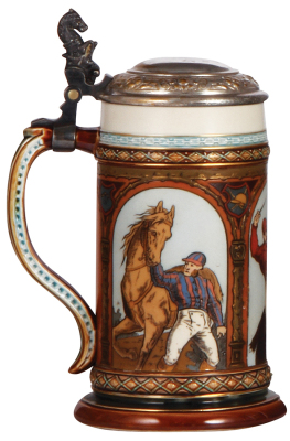 Mettlach stein, .5L, 1733, etched, by C. Warth, original metal lid, plating wear, otherwise mint. - 3