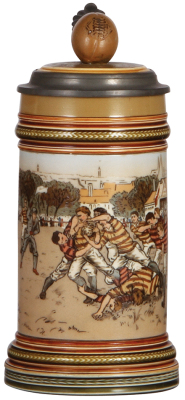 Mettlach stein, .5L, 2324, etched, inlaid lid with figural rugby ball, mint
