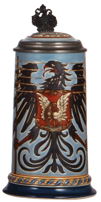 Mettlach stein, .5L, 2075, etched, by Otto Hupp, inlaid lid, small handle flake, otherwise mint.