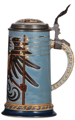 Mettlach stein, .5L, 2075, etched, by Otto Hupp, inlaid lid, small handle flake, otherwise mint. - 2