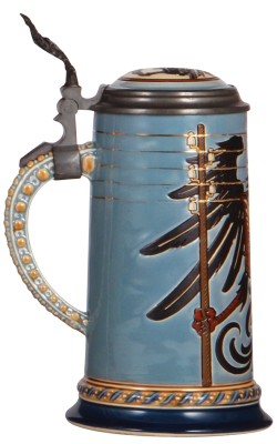 Mettlach stein, .5L, 2075, etched, by Otto Hupp, inlaid lid, small handle flake, otherwise mint. - 3