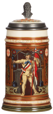 Mettlach stein, .5L, 1914, etched, inlaid lid, mint.