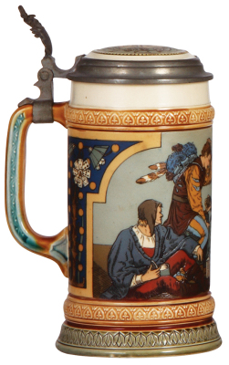 Mettlach stein, .5L, 2441, etched, inlaid lid, mint. - 3