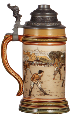 Mettlach stein, .5L, 2324, etched, pewter lid, minor color wear on top rim. - 3